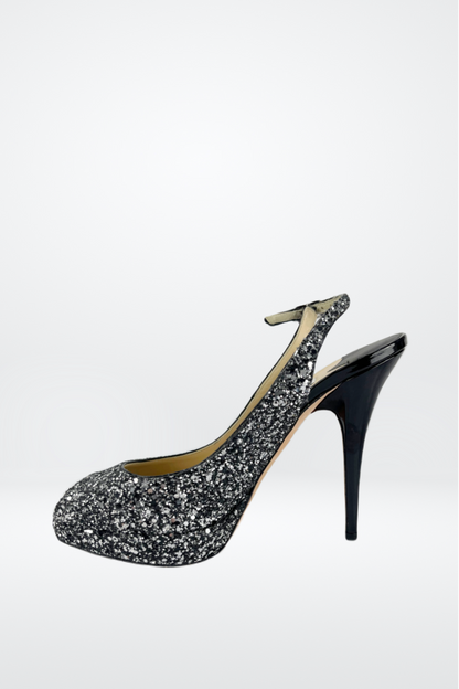 Jimmy Choo Black & White Sparkle Ankle Strap Heels