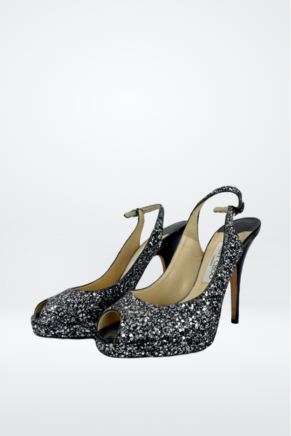 Jimmy Choo Black & White Sparkle Ankle Strap Heels