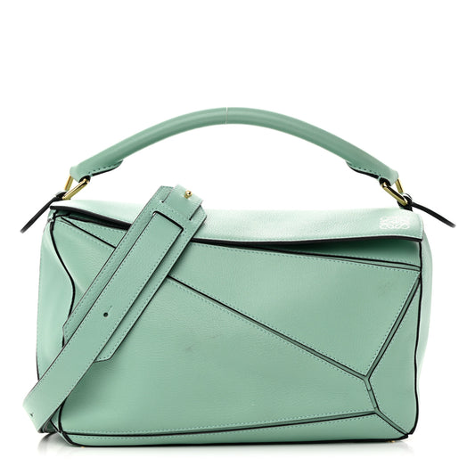 Loewe Calfskin Sea Water Green Medium Puzzle Top Handle/Crossbody Bag w Dust Bag