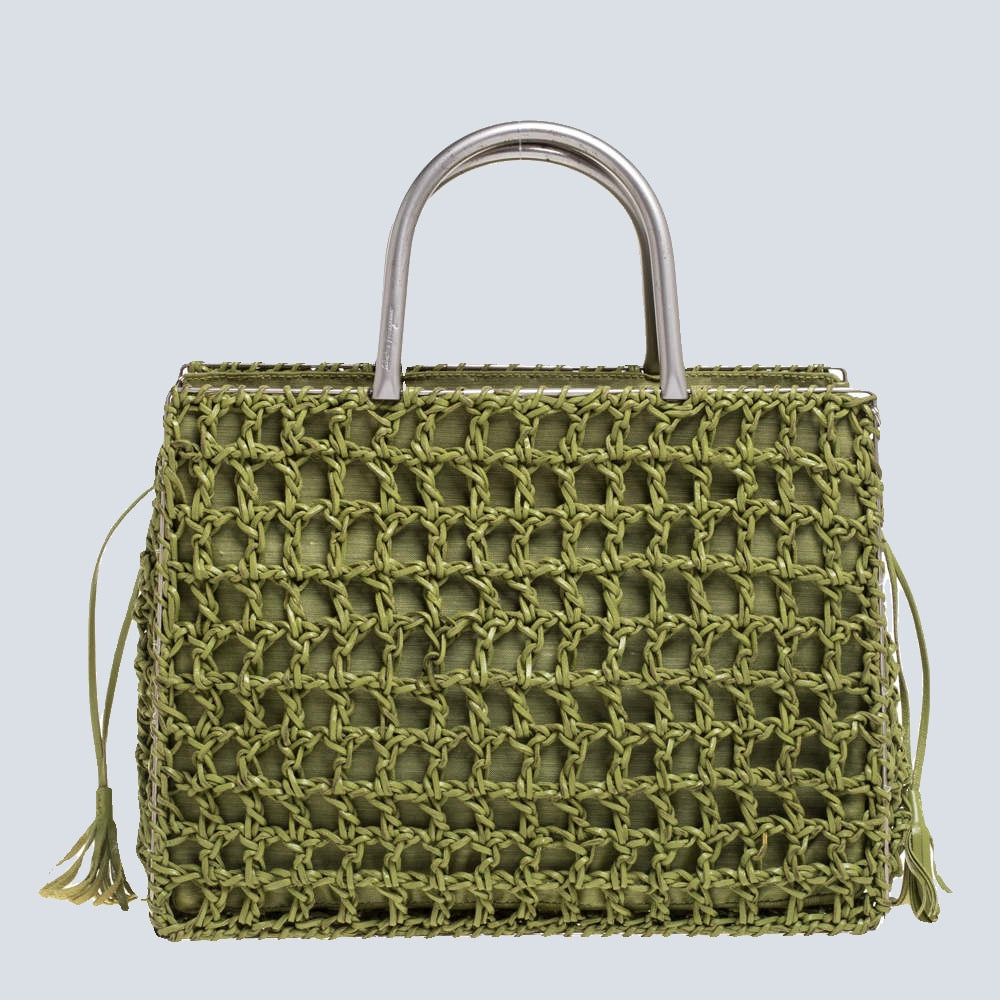 Salvatore Ferragamo Green Woven Leather and Canvas Mini Square Crossbody Tote w Metal Top Handle