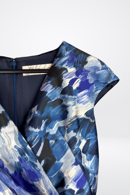 Lela Rose Multi Blue Abstract Floral Print Midi Cap Sleeve Knee Length Dress