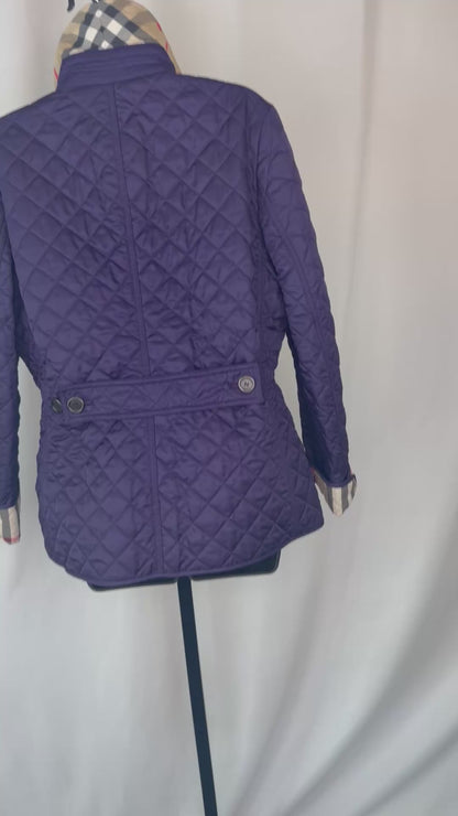 Burberry Brit Purple Diamond Quilted Button Up Check Interior Jacket