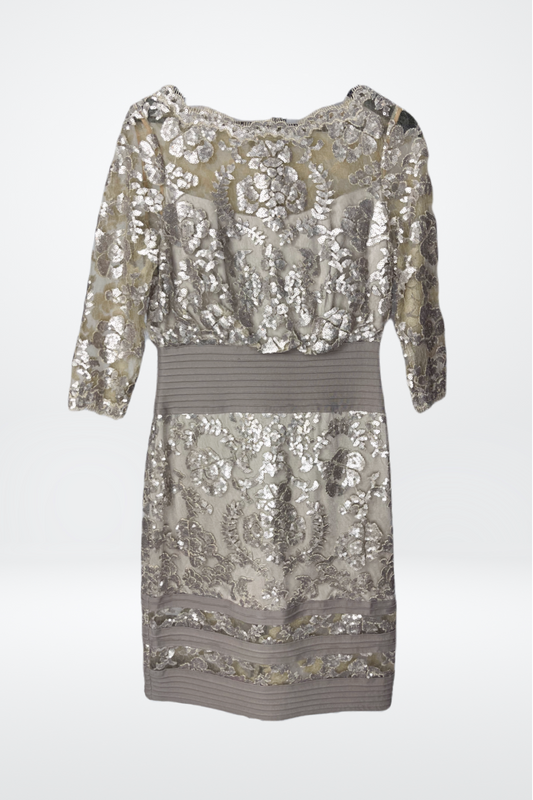 Tadashi Shoji Embellished Floral Sequined 3/4 Sleeve Stretch Waist Midi Dress