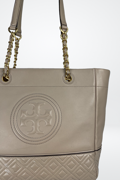 Tory Burch "Ella Chain Tote" Large Leather Tote w Chain Strap & Quilted Logo