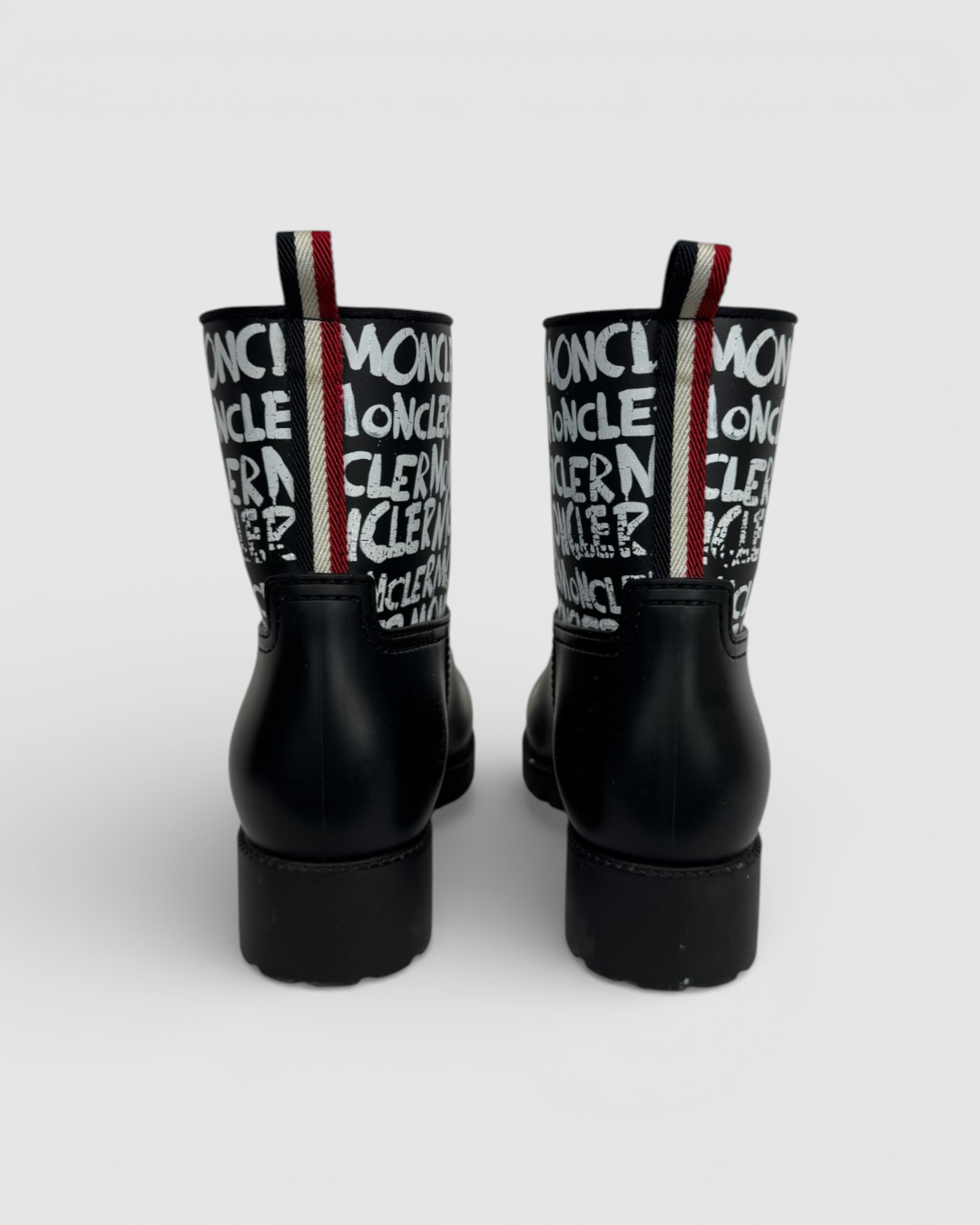 Moncler Black Rubber w White Graphic Mid-Calf Rain Boots