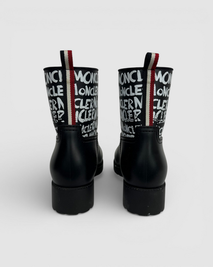 Moncler Black Rubber w White Graphic Mid-Calf Rain Boots