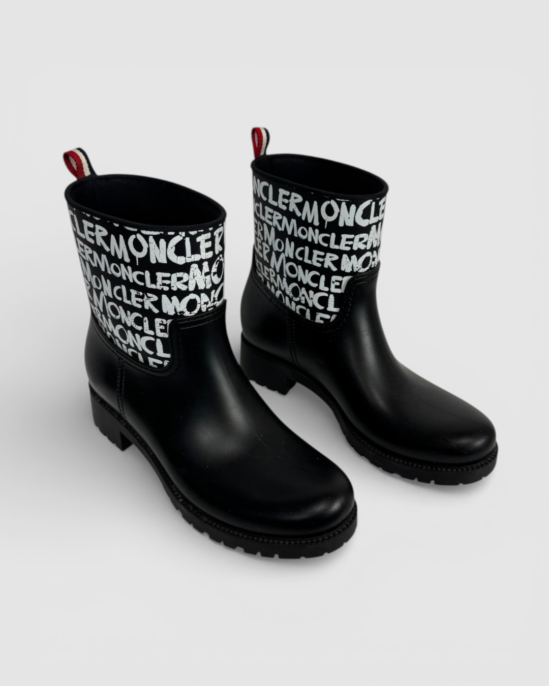 Moncler Black Rubber w White Graphic Mid-Calf Rain Boots