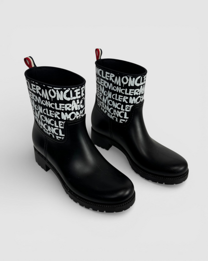 Moncler Black Rubber w White Graphic Mid-Calf Rain Boots