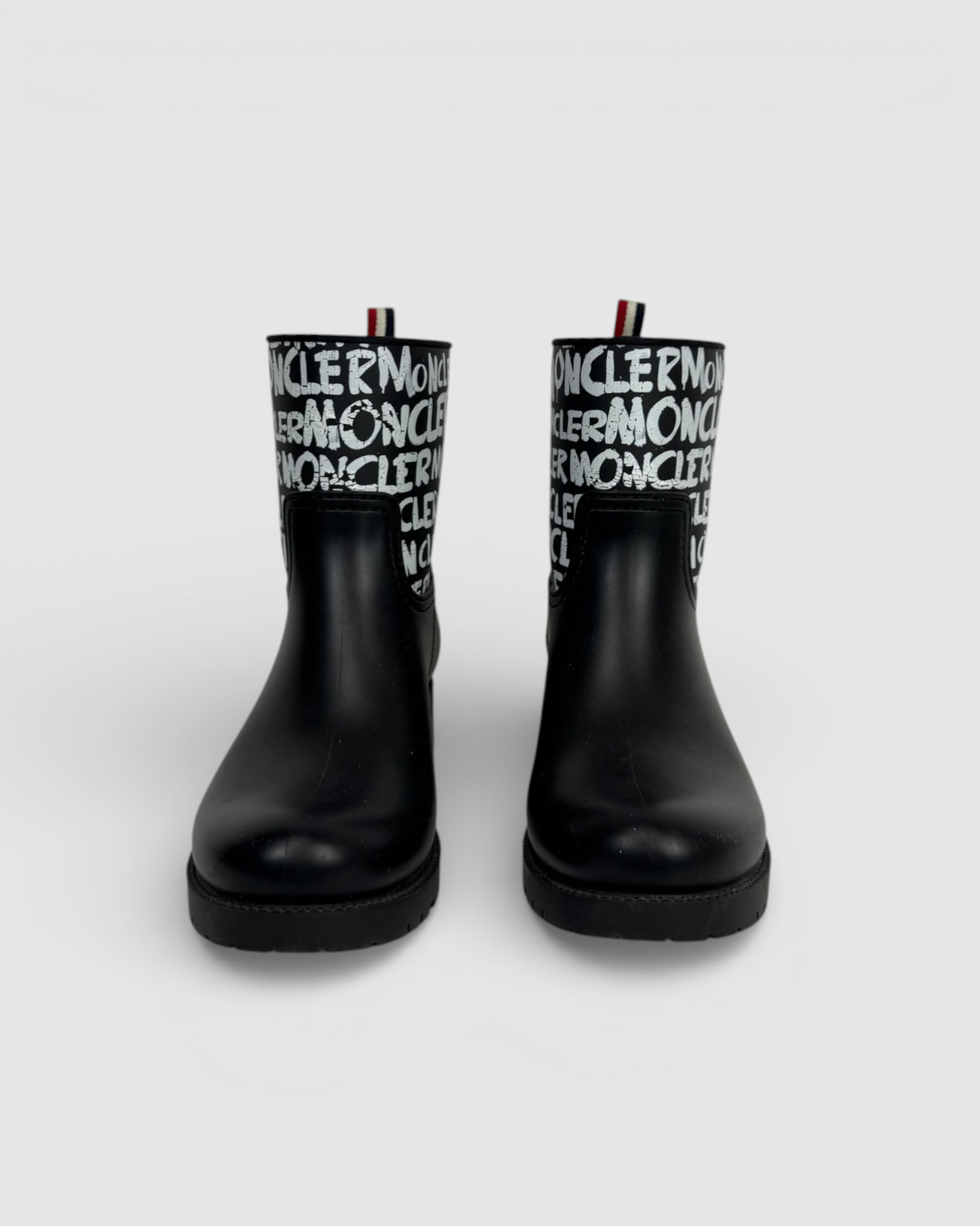 Moncler Black Rubber w White Graphic Mid-Calf Rain Boots