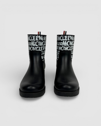 Moncler Black Rubber w White Graphic Mid-Calf Rain Boots