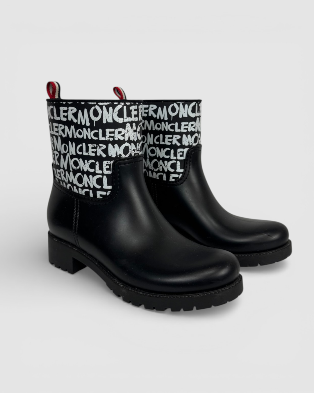 Moncler Black Rubber w White Graphic Mid-Calf Rain Boots