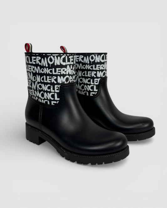 Moncler Black Rubber w White Graphic Mid-Calf Rain Boots