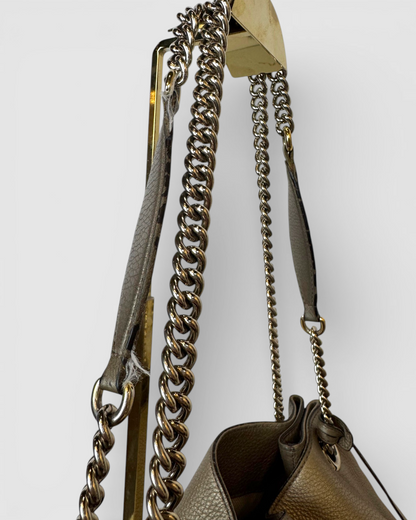 Gucci Bronze Metallic Pebbled Leather Soho Chain GG Tote Bag