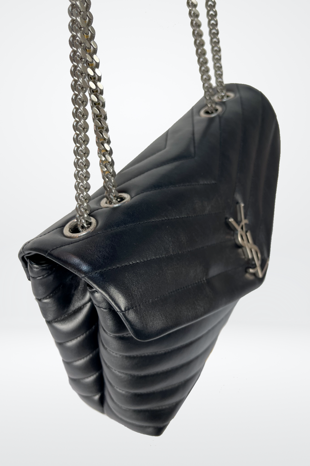 Saint Laurent Loulou Silver Hardware Shoulder Bag Medium Black Leather